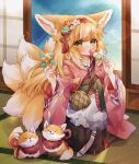  1girl absurdres animal animal_ears apron arknights bangs black_hakama blonde_hair blush coin_purse commentary_request dango eating flower food fox fox_ears fox_girl fox_tail frilled_apron frills green_eyes hair_flower hair_ornament hairband hakama hakama_skirt highres holding_pinwheel indoors japanese_clothes kimono kitsune kneeling kyuubi long_hair looking_at_viewer multiple_tails official_alternate_costume pink_kimono pinwheel red_hairband sanshoku_dango shouji skirt sliding_doors solo suzuran_(arknights) suzuran_(yukibare)_(arknights) tail takumi_mizuki tatami wagashi waist_apron white_apron yagasuri 