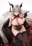  1girl aegir_(azur_lane) aegir_(golden_dragon_among_auspicious_clouds)_(azur_lane) azur_lane black_gloves black_horns black_thighhighs breasts calligraphy_brush chinese_clothes covered_navel criss-cross_halter demon_horns feather_boa framed_breasts from_above gloves green_eyes grey_hair halterneck hand_up highres holding holding_brush holding_paintbrush horn_ornament horns large_breasts long_hair multicolored_hair nagi-kaze official_alternate_costume paintbrush red_hair revealing_clothes sideless_outfit sitting streaked_hair thighhighs 
