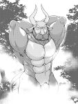  3:4 abs absurd_res bihorn_(hunter_x_hunter) bovid bovine cattle chimera_ant feral fur hi_res horn humanoid hunter_x_hunter linorange0212 male mammal monochrome muscular muscular_male nude pecs simple_background solo tail 