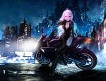  1girl absurdres amiya_aranha arthropod_limbs black_bodysuit black_footwear black_gloves black_thighhighs blush bodysuit city commission english_commentary extra_legs gloves glowing hair_ornament hairclip hand_on_own_shoulder highres indie_virtual_youtuber long_hair looking_at_viewer motor_vehicle motorcycle on_motorcycle purple_eyes purple_hair sakana_(midorikame) second-party_source single_thighhigh sitting skeb_commission smile solo thighhighs virtual_youtuber 