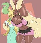  anthro anthrofied big_breasts black_sclera blush breast_grab breasts brown_body brown_fur cleavage clothed clothing dress duo eeveelution english_text eyebrows female fur generation_4_pokemon gloves_(marking) green_body green_fur hand_on_breast hi_res lagomorph larger_female leafeon lopunny mammal markings midriff nintendo pink_eyes pokemon pokemon_(species) pokemorph simple_background size_difference solo solratic text thick_eyebrows 