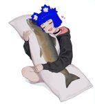  1girl absurdres animal_ear_fluff animal_ears bear_ears black_hoodie blue_hair blunt_bangs blush choker closed_eyes dakimakura_(object) fang fish gris_(vertigris) half_updo heart highres hood hood_down hoodie long_sleeves object_hug open_mouth original pillow pillow_hug salmon_(fish) short_hair simple_background sitting smile socks solo vertigris white_background white_socks 