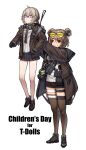  2girls absurdres ahoge bangs black_footwear black_gloves black_necktie black_thighhighs blush boots breasts cheogtanbyeong closed_mouth collared_shirt double_bun english_commentary english_text eyewear_on_head gas_mask girls&#039;_frontline gloves grey_hair hair_between_eyes hair_bun highres jacket lifting_person light_brown_hair long_hair long_sleeves m200_(girls&#039;_frontline) mask multiple_girls necktie open_clothes open_jacket open_mouth p90_(girls&#039;_frontline) pleated_skirt ponytail purple_eyes red_eyes shirt short_hair sidelocks simple_background skirt smile standing sunglasses teeth thighhighs white_background white_shirt 