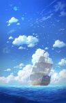  bird blue_sky cloud commentary cyclecircle day english_commentary flag highres horizon no_humans ocean original outdoors sail scenery ship sky sunlight water watercraft wide_shot 