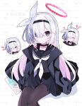  &gt;_&lt; 1girl a.r.o.n.a_(blue_archive) black_choker black_coat black_eyes black_hairband black_pantyhose black_sailor_collar black_serafuku black_skirt blue_archive bow braid choker closed_mouth coat colored_inner_hair hair_bow hair_over_one_eye hairband halo heart highres long_hair multicolored_hair multiple_views neckerchief nero_(moca) open_clothes open_coat pantyhose pink_hair pleated_skirt red_pupils sailor_collar school_uniform serafuku single_braid skirt smile white_bow white_hair white_neckerchief 