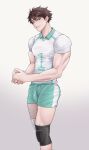  1boy abs absurdres arm_tattoo brown_hair bulge covered_nipples covered_penis erection erection_under_clothes gradient_background grey_background gym_shorts highres knee_pads large_pectorals large_penis looking_at_viewer male_focus muscular muscular_male oikawa_tooru_(haikyuu!!) onglai87 pectoral_cleavage pectorals penis seductive_smile shorts simple_background smile solo sportswear tattoo veins veiny_arms volleyball_uniform white_background 