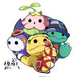  :o agumon_(digimon_savers) belt blue_headwear claws closed_mouth digimon digimon_(creature) dinosaur dorumon green_eyes helmet highres kamemon lalamon no_humans open_mouth red_belt sharp_teeth simple_background smile teeth tongue tongue_out turtle white_background yellow_eyes youzaiyouzai112 