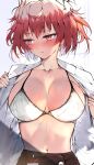  1girl arknights blush bra breasts cleavage closed_mouth collarbone commentary_request cowboy_shot fiammetta_(arknights) hair_between_eyes highres kyuu_(plastic_night_q) lace-trimmed_bra lace_trim large_breasts looking_to_the_side navel open_clothes open_shirt red_eyes red_hair shirt short_hair simple_background solo stomach sweatdrop underwear upper_body white_background white_bra white_shirt 