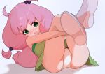  1girl :d absurdres ass ass_focus blurry blurry_foreground blush commentary_request crossed_ankles dekasuji full_body green_eyes hair_bobbles hair_ornament highres hugging_own_legs knees_up long_hair looking_at_viewer lying on_back open_mouth panties pantyshot pink_footwear pink_hair reclining shinjou_kanae_(teekyuu) simple_background smile solo teekyuu underwear white_background 