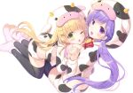  2girls :d :o animal_ears animal_hood animal_print bell between_breasts black_thighhighs blonde_hair blush bow bra breasts commentary_request cow cow_ears cow_horns cow_print cowbell cropped_hoodie eyelashes eyes_visible_through_hair fingernails floating_hair foreshortening full_body green_eyes hair_between_eyes hair_ornament head_between_breasts holding_hands hood hoodie horns hoshimame_mana hug interlocked_fingers kneeling large_breasts long_hair looking_at_viewer low_twintails mizuori_shizuku multiple_girls open_mouth pink_bra pink_footwear purple_eyes purple_hair red_bow shorts simple_background sitting skindentation smile sparkle summer_pockets thighhighs thighs tsumugi_wenders twintails underwear very_long_hair white_background white_hoodie white_shorts wings x_hair_ornament yuri 