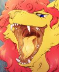  anthro blue_eyes blue_sclera bodily_fluids cheek_tuft facial_tuft fangs female fur hair hi_res lionfloof looking_at_viewer mouth_shot open_mouth red_hair saliva saliva_string solo teeth tongue tuft unusual_bodily_fluids unusual_saliva yellow_body yellow_fur yellow_nose yellow_saliva yellow_tongue 