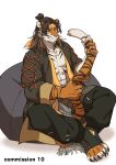  1boy abs absurdres animal_ears arknights bara bare_pectorals bean_bag_chair beard chinese_clothes claws commentary commission facial_hair furry furry_male goatee headband highres holding_own_tail huai_tianpei_(arknights) knci17 male_focus pectorals sitting symbol-only_commentary tail tiger_boy tiger_ears tiger_stripes tiger_tail white_background yellow_headband 