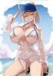  1girl absurdres ahoge ahoge_wag arm_up artoria_pendragon_(fate) baseball_cap bikini blonde_hair blue_eyes blue_headwear blue_sky blush breasts cleavage cloud expressive_hair fate/grand_order fate_(series) hair_through_headwear hat highres huge_breasts kasumi_saika long_sleeves mysterious_heroine_xx_(fate) outdoors ponytail seiza shirt sitting sky smile solo swimsuit white_bikini white_shirt 