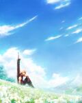  1boy absurdres baggy_pants ball belt blonde_hair blue_pants blue_shirt blue_sky blurry blurry_foreground boots brown_belt buster_sword cloud cloud_strife cloudy_sky field final_fantasy final_fantasy_vii final_fantasy_vii_remake flower flower_field full_body highres holding holding_ball lily_(flower) male_focus materia nature outdoors pants plant planted planted_sword shirt short_hair sitting sky sleeveless sleeveless_turtleneck solo spiked_hair suspenders sword turtleneck tylor_hepner weapon white_flower 