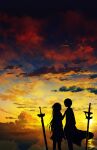  1boy 1girl absurdres asuna_(sao) cloud dress from_side hand_up highres jacket kirito long_hair looking_at_another planted planted_sword scenery short_hair skyrick9413 sunset sword sword_art_online weapon 