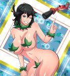  1girl absurdres black_eyes black_hair borrowed_character breasts cleavage cowboy_shot crab daedalusdn hand_up highres index_finger_raised large_breasts leaf leaf_panties leaf_pasties lucia_(scott_malin) medium_hair navel one_eye_closed original parted_lips smile solo sparkle 
