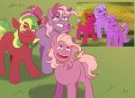  ambiguous_gender brabaxie earth_pony equid equine feral freckles grass green_hair green_tail group hair hasbro horse lickety_split mammal mlp_g1 my_little_pony open_mouth open_smile pink_body pink_hair pink_tail plant pony purple_body red_body shady_(mlp) smile tail tiddlywink_(mlp) trio 