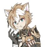  1boy :t animal_ears black_gloves closed_mouth dog_ears food food_on_face genshin_impact gloves gorou_(genshin_impact) hair_between_eyes holding holding_food light_brown_hair long_wind looking_at_viewer male_focus multicolored_hair neck_tassel paw_print short_hair solo streaked_hair two-tone_hair upper_body white_hair 