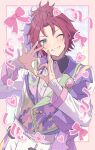  1boy absurdres blush border confetti ensemble_stars! green_eyes heart heart_hands highres isara_mao jacket long_sleeves male_focus one_eye_closed pants pink_border pink_hair purple_background purple_vest reijiro ribbon smile solo teeth vest white_jacket white_pants 