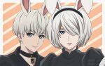  1boy 1girl animal_ears black_collar black_hairband blue_eyes collar commentary eyebrows_hidden_by_hair grey_hair hair_over_one_eye hairband highres kemonomimi_mode mole mole_under_mouth nier:automata nier_(series) parted_lips rabbit_ears shirl_geem smile striped striped_background yorha_no._2_type_b yorha_no._9_type_s 