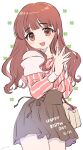  1girl amezawa_koma bag bare_shoulders blush brown_eyes brown_hair clover_print cowboy_shot hair_down handbag heart heart_necklace highres idolmaster idolmaster_cinderella_girls jewelry long_hair long_sleeves looking_at_viewer necklace off-shoulder_shirt off_shoulder ogata_chieri open_mouth own_hands_together shirt skirt smile solo steepled_fingers 
