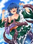  1girl blue_eyes blue_hair blue_sky breasts drill_hair drill_sidelocks dutch_angle fins fish_tail frilled_kimono frills from_below green_kimono head_fins hemogurobin_a1c japanese_clothes kimono large_breasts looking_at_viewer mermaid monster_girl nipples open_mouth print_kimono sidelocks sky solo tail tentacles touhou wakasagihime wide_sleeves 