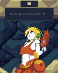  ahoge blonde_hair blue_eyes bottomwear breasts cave_story clothing curly_brace female gameplay_mechanics gun hair hi_res humanoid looking_up machine midriff navel not_furry open_mouth pants ranged_weapon robot robot_humanoid signature smile solo text topwear weapon white_body wide_hips zedrin 