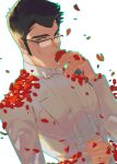  1boy absurdres aqua_outline arsene_lupin_iii bacchus_lpiii black_hair bow bowtie flower glasses grey_eyes hand_hair highres holding holding_flower knuckle_hair long_sideburns long_sleeves looking_at_viewer lupin_iii male_focus mature_male petals rectangular_eyewear red_flower red_rose rose rose_petals short_hair sideburns sideburns_stubble simple_background smelling_flower smile solo suit white_background white_bow white_bowtie white_suit 