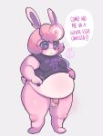  3:4 balls bottomless breasts clothed clothing dialogue female genitals hi_res intersex lagomorph leporid lilbunpinky mammal moony_(lilbunpinky) partially_clothed penis rabbit short_clothing simple_background slightly_chubby solo spanish_text text translation_request 