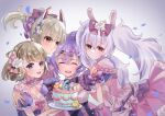  4girls alternate_costume animal_ears ayanami_(azur_lane) azur_lane blonde_hair breasts cake cleavage closed_eyes corset dress earrings fake_animal_ears food frilled_dress frills hair_ornament headgear holding holding_cake holding_food javelin_(azur_lane) jewelry laffey_(azur_lane) light_brown_hair light_purple_hair long_hair looking_at_viewer manjuu_(azur_lane) medium_breasts micchi_(umatankita) multiple_girls orange_eyes pink_dress puffy_short_sleeves puffy_sleeves purple_corset purple_eyes purple_hair rabbit_ears short_sleeves simple_background smile teeth upper_teeth_only v very_long_hair yellow_eyes z23_(azur_lane) 