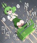  1girl :3 absurdres brooch bullet_trail collar commentary frilled_collar frills green_hair green_shorts gun hand_in_own_hair handgun hands_on_own_chest highres holding holding_gun holding_weapon jewelry knees_up long_hair low_ponytail lycoris_recoil lying motion_blur neck_ribbon on_back ononoono open_mouth parody pea_pod pink_ribbon puffy_short_sleeves puffy_shorts puffy_sleeves ribbon scared shaded_face shirt shirt_tucked_in short_sleeves shorts smile solo sparks suitcase suspender_shorts suspenders sweat tile_floor tiles translation_request trembling voicevox weapon white_shirt wide-eyed yellow_eyes zunda_mochi zundamon 