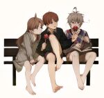  1girl 2boys ? ahoge bandaid bandaid_on_knee bandaid_on_leg barefoot bench braid brown_hair candy_apple food grey_hair highres multiple_boys original pout short_hair shorts simple_background sitting thighs weyowang white_background 