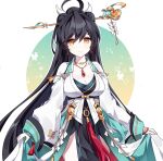  1girl ahoge ara_haan black_hair breasts cleavage closed_mouth commentary_request dress earrings elsword hair_ornament hairpin highres jewelry korean_clothes long_hair look_128 looking_at_viewer medium_breasts necklace orange_eyes pelvic_curtain smile solo surya_(elsword) very_long_hair white_dress wide_sleeves 