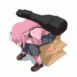  1girl blue_skirt bocchi_the_rock! box cardboard_box covering_face cube_hair_ornament gotoh_hitori guitar_case hair_ornament highres inkspirate instrument_case instrument_on_back leaning_forward loafers long_hair long_skirt long_sleeves pants pink_hair pink_pants pink_track_suit pleated_skirt shoes simple_background sitting skirt solo white_background 