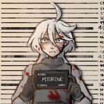  1girl ahoge aiden_fillin barbie_mugshot_(meme) blood blood_on_clothes blood_on_face english_commentary grey_eyes gundam gundam_suisei_no_majo long_hair looking_at_viewer meme miorine_rembran mugshot scared solo upper_body white_hair 