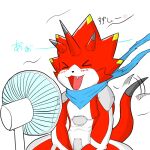  abs anthro bandai_namco betelgammamon blush claws codpiece digimon digimon_ghost_game electric_fan gammodokimon horn japanese_text male red_body scalie scarf sitting solo tail tail_motion tailwag text 