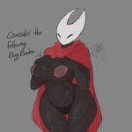  1:1 2023 absurd_res anthro areola arthropod big_breasts black_body black_eyes breasts cape clothing crowsdomeart duo female hand_on_breast happy hi_res hollow_knight hornet_(hollow_knight) huge_breasts insect nipples red_cape simple_background team_cherry text thick_thighs vessel_(species) wide_hips 