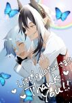  2boys black_gloves black_hair black_horns blue_butterfly blurry blush brown_eyes bug butterfly closed_eyes commission english_commentary english_text gloves grey_hair horns hug hug_from_behind kouta_(pixiv14981568) multicolored_hair multiple_boys original pointy_ears rainbow sharp_teeth shirt teeth thank_you two-tone_hair upper_body white_hair white_shirt 