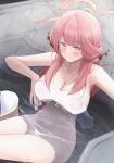  1girl absurdres aru_(blue_archive) bathing blue_archive blurry blurry_foreground blush breasts brown_horns closed_mouth collarbone commentary demon_horns english_commentary halo highres horns large_breasts long_hair looking_at_viewer mofu07519 naked_towel onsen partially_submerged pink_hair red_halo solo towel water white_towel yellow_eyes 
