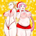  2girls bikini blonde_hair blush breasts cameltoe cowboy_shot hasunuma_riko hat highres inverted_nipples kouchi_yukie large_breasts long_hair looking_at_viewer micro_bikini multiple_girls navel nipples open_mouth pink_hair plump red_bikini red_headwear santa_hat slingshot_swimsuit swimsuit takamare!_takamaru takaryo tareme thick_thighs thighs tsurime twintails yellow_background 