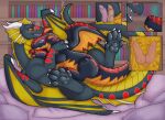  5_toes black_body blush condom dragon duo feet feral fin genitals grey_body inflatable knot male membrane_(anatomy) membranous_wings paws penis purple_eyes scales scalie sexual_barrier_device symrea toes wings yellow_eyes 