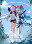  2girls absurdres blue_eyes blue_hair blue_sky cecilia_schariac cleavage_cutout clenched_hand clothing_cutout cloud full_body hair_ribbon highres holding_cloth honkai_(series) honkai_impact_3rd index_finger_raised multiple_girls pointing ponytail rain rainbow ribbon ripples roena shigure_kira single_thighhigh sky splashing thighhighs walking walking_on_liquid water white_footwear 