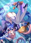  1girl absurdres ass blue_bow blue_dress bow commentary_request dress fish genshin_impact gloves highres long_hair long_sleeves navel pink_hair purple_eyes sangonomiya_kokomi solo stomach thighhighs thighs underwater upside-down very_long_hair wanatsu_15 white_gloves white_thighhighs 