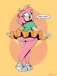  accessory amy_rose anthro big_butt bottomwear butt clothing dialogue eulipotyphlan female footwear fur gloves hair_accessory hairband handwear hedgehog hi_res ineptoutcast_(artist) mammal pink_body pink_fur sega shirt shoes skirt solo sonic_the_hedgehog_(series) speech_bubble topwear 