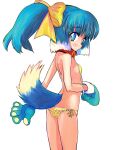  1girl animal_collar animal_ears animal_hands ass bare_shoulders bikini blue_eyes blue_hair blue_tail bow breasts bright_pupils butt_crack closed_mouth collar dog_ears dog_girl dog_tail flat_ass floppy_ears gloves hair_bow highres inu-t legs_together light_blue_hair medium_hair multicolored_tail nt-tan os-tan paw_gloves playboy_bunny ponytail red_collar side-tie_bikini_bottom sideboob simple_background small_breasts solo standing swimsuit tail tsukiyono_aroe untied_bikini white_background white_pupils white_tail yellow_bikini yellow_bow 