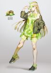  1girl aqua_eyes aruk black_footwear blonde_hair commentary dated drawstring dress english_text food food-themed_clothes fruit full_body green_dress green_headwear green_theme grey_jacket hand_in_pocket hand_on_headwear hand_up hat_over_one_eye highres jacket kiwi_(fruit) kiwi_print layered_dress long_hair long_sleeves looking_at_viewer open_clothes open_jacket original print_dress sandals see-through see-through_dress short_dress sidelocks solo standing standing_on_one_leg straight_hair symbol-only_commentary very_long_hair visor_cap 