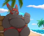  2023 anthro belly big_belly black_body bodily_fluids bulge clothing hi_res kemono kusosensei lagomorph leporid male mammal moobs nipples outside overweight overweight_male palm_tree plant rabbit solo sweat swimwear tree water 