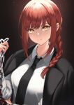  1girl absurdres blazer braid chain chainsaw_man collared_shirt hair_over_shoulder highres holding holding_chain jacket jacket_on_shoulders light_smile long_hair looking_at_viewer makima_(chainsaw_man) necktie potemaka red_hair ringed_eyes shirt smile solo upper_body yellow_eyes 