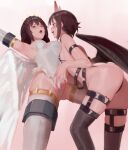  2girls absurdres angel angel_wings arm_strap arm_up armpits aroused ass ass_visible_through_thighs bare_shoulders black_hair black_thighhighs black_wings blush braid breasts commentary_request crown_braid demon demon_horns demon_wings drooling elbow_gloves eyelashes fang fingering fingering_through_clothes gloves gradient_background groin hair_between_eyes heart_o-ring highres horns kono_subarashii_sekai_ni_shukufuku_wo! large_breasts legs leotard long_hair megumin mouth_drool multiple_girls naughty_face no_headwear nose o-ring_strap one_eye_closed open_mouth partially_visible_vulva pink_background profile red_eyes short_hair sideboob sidelocks simple_background skindentation small_breasts spread_legs thigh_strap thighhighs through_clothes tiara tongue tongue_out toxic_(toxicv) white_background white_gloves white_leotard white_thighhighs white_wings wings yunyun_(konosuba) yuri 