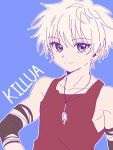  1boy blue_background blue_eyes character_name chikasarang highres hunter_x_hunter jewelry killua_zoldyck looking_at_viewer male_child male_focus necklace red_shirt shirt short_hair simple_background sleeveless smile solo upper_body white_hair 